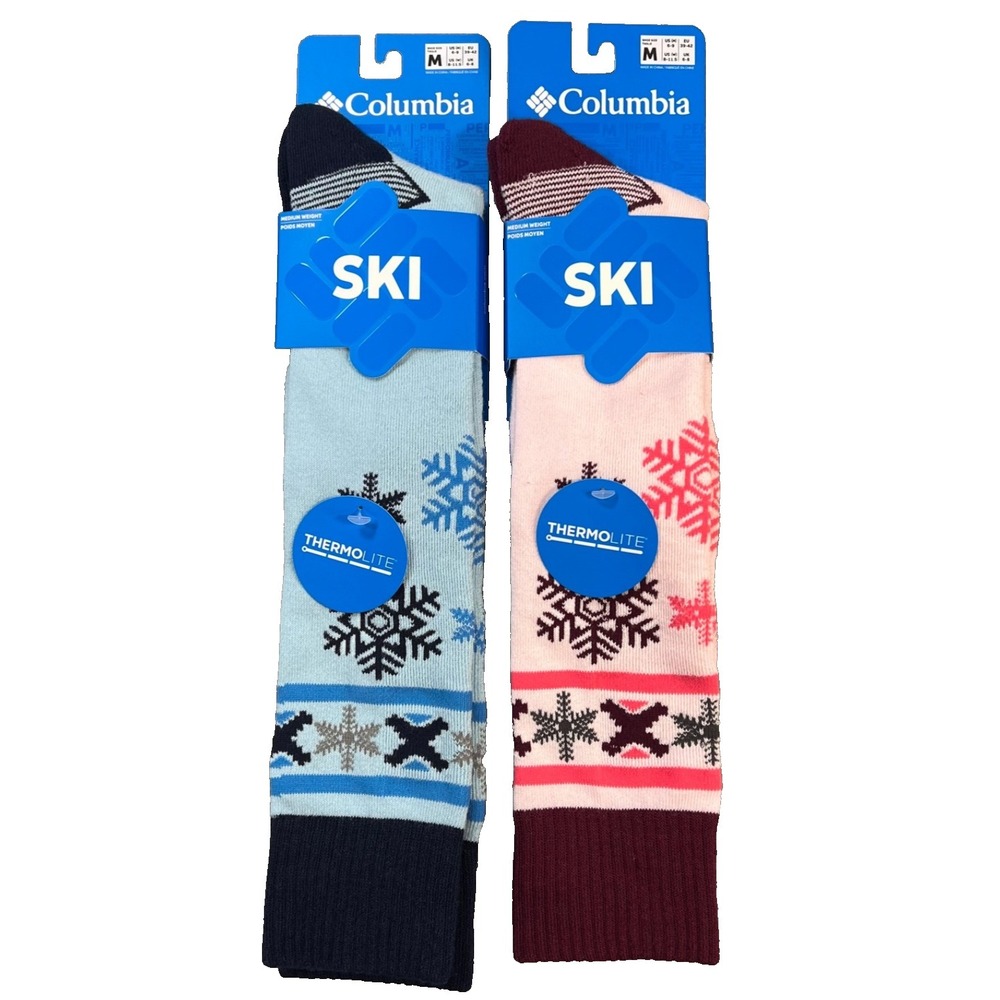2 Pair Columbia Womens Mens Medium Weight Thermolite Snowflake Ski Socks MED‎